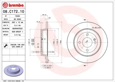 Диск гальмівний HYUNDA ACCENT IV, KIA RIO III задн. (вир-во) BREMBO 08-C172-10