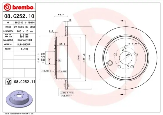 Диск гальмівний задн. (вир-во) BREMBO 08-C252-11 (фото 1)