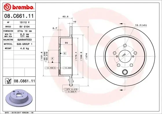 Диск гальмівний Subaru Forester IV 12-, Impreza IV 11- задн. (вир-во) BREMBO 08-C661-11 (фото 1)