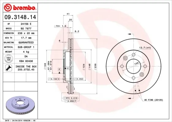 Диск гальмівний передн. (вир-во) BREMBO 09-3148-14 (фото 1)