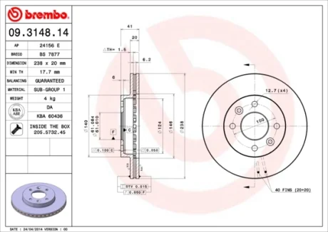Диск гальмівний передн. (вир-во) BREMBO 09-3148-14