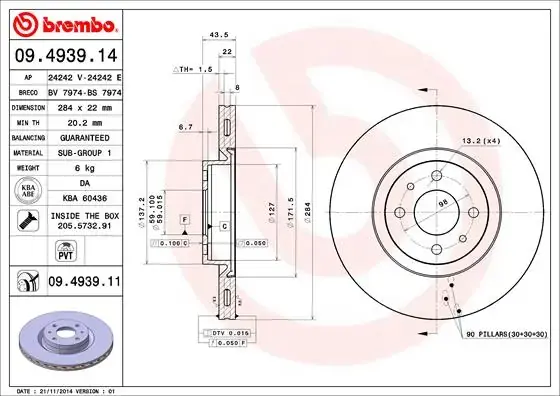 Диск гальмівний передн. (вир-во) BREMBO 09-4939-14 (фото 1)