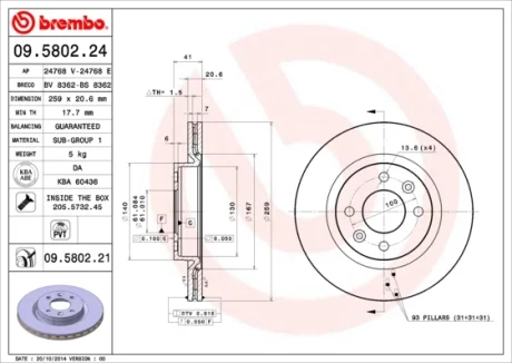 Диск гальмівний RENAULT KANGOO, MEGANE передн., вент. (вир-во) BREMBO 09-5802-24