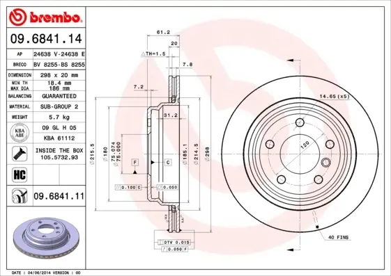 Диск гальмівний BMW 5 задн. (вир-во) BREMBO 09-6841-11 (фото 1)