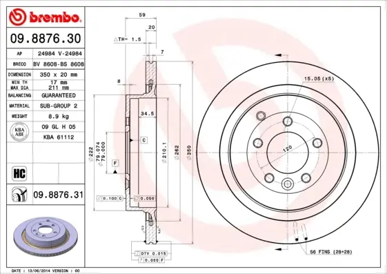 Диск гальмівний задн. (вир-во) BREMBO 09-8876-31 (фото 1)