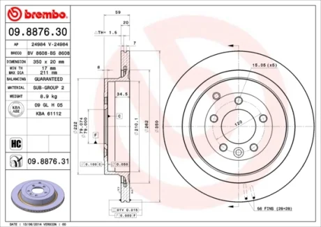 Диск гальмівний задн. (вир-во) BREMBO 09-8876-31