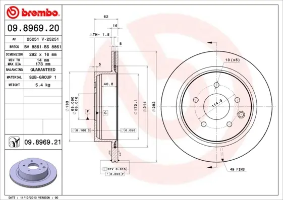 Диск гальмівний RENAULT KOLEOS задн. (вир-во) BREMBO 09-8969-20 (фото 1)
