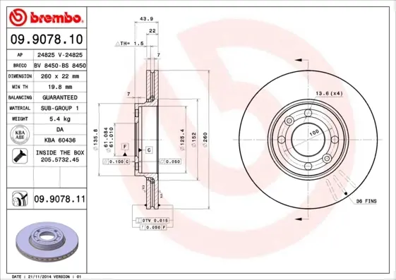 Диск гальмівний DACIA LOGAN, NISSAN, RENAULT, передн., вент. (вир-во) BREMBO 09-9078-11 (фото 1)