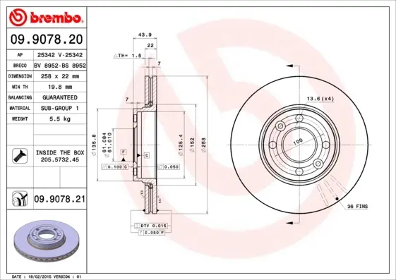 Диск гальмівний передн. (вир-во) BREMBO 09-9078-20 (фото 1)