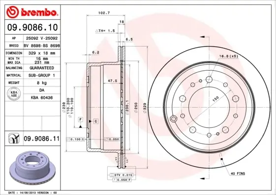 Диск гальмівний TOYOTA LAND CRUISER 100, задн., вент. (вир-во) BREMBO 09-9086-11 (фото 1)