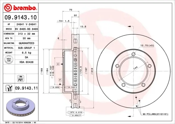 Диск гальмівний TOYOTA, передн., вент. (вир-во) BREMBO 09-9143-11 (фото 1)