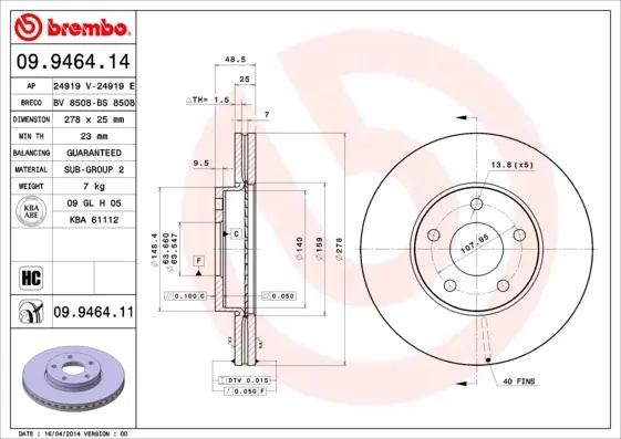 Диск гальмівний FORD/VOLVO FOCUS/CMAX/C30 передн. вент. (вир-во) BREMBO 09-9464-11 (фото 1)