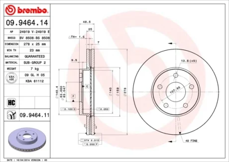 Диск гальмівний FORD/VOLVO FOCUS/CMAX/C30 передн. вент. (вир-во) BREMBO 09-9464-11
