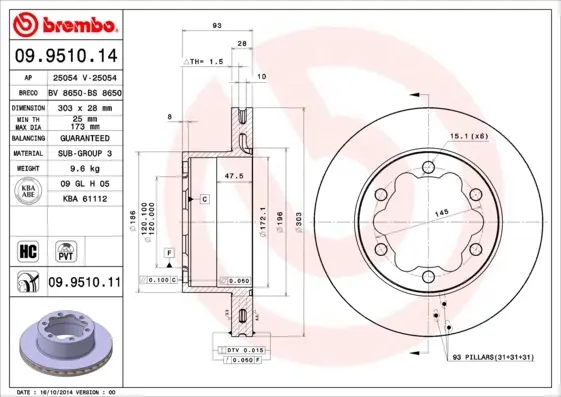 Диск гальмівний задн. (вир-во) BREMBO 09-9510-14 (фото 1)