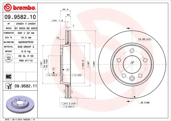 Диск гальмівний VW T5 задн. (вир-во) BREMBO 09-9582-10 (фото 1)