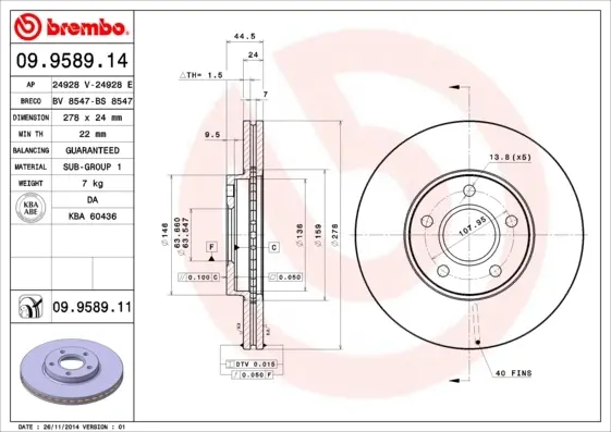 Диск гальмівний передн. (вир-во) BREMBO 09-9589-14 (фото 1)