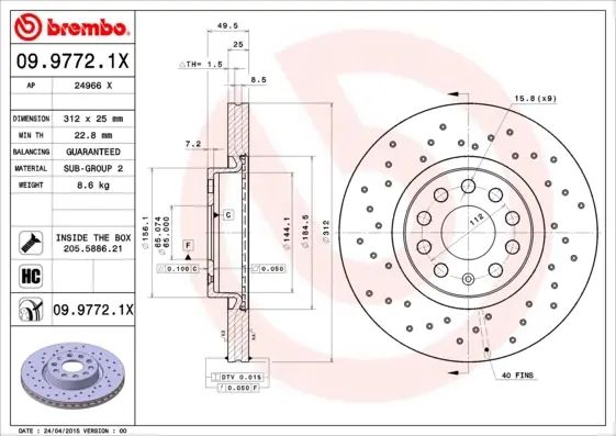 Диск гальм. AUDI Q3, VW JETTA, SKODA YETI передн. перфорований (вир-во) BREMBO 09-9772-1X (фото 1)