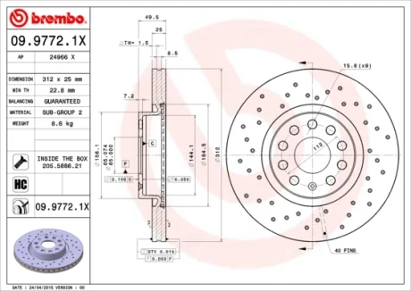 Диск гальм. AUDI Q3, VW JETTA, SKODA YETI передн. перфорований (вир-во) BREMBO 09-9772-1X