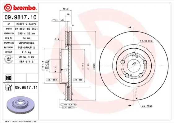 Диск гальмівний передн. (вир-во) BREMBO 09-9817-10 (фото 1)