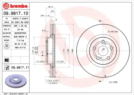 Диск гальмівний передн. (вир-во) BREMBO 09-9817-10