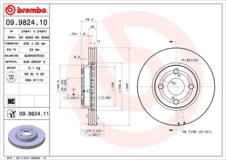 Диск гальмівний передн. (вир-во) BREMBO 09-9824-10