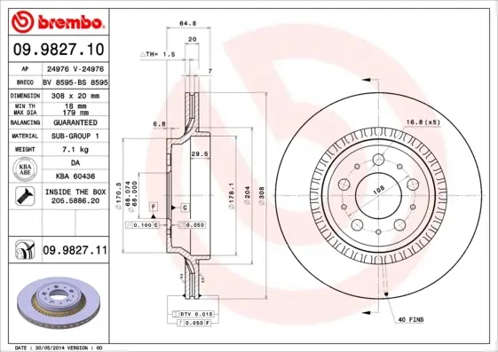 Диск гальмівний задн. (вир-во) BREMBO 09-9827-11 (фото 1)