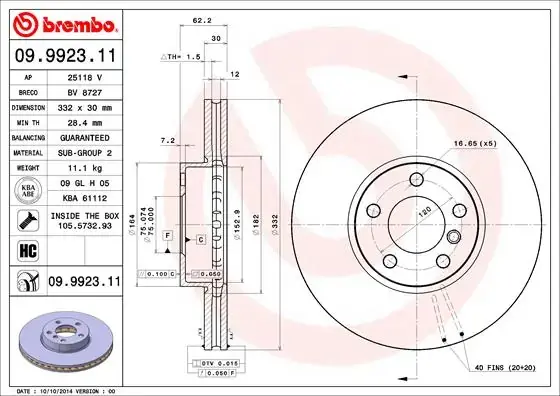Диск гальмівний BMW X5 (E70) 3.0 3.5 08-, X6 (E71) 3.0 08- передн. (вир-во) BREMBO 09-9923-11 (фото 1)