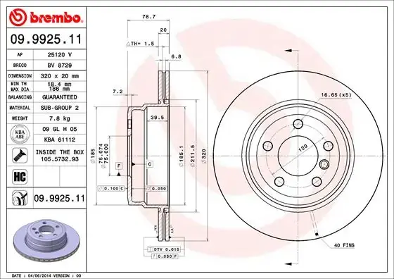 Диск гальмівний BMW X5, X6 задн., вент. (вир-во) BREMBO 09-9925-11 (фото 1)