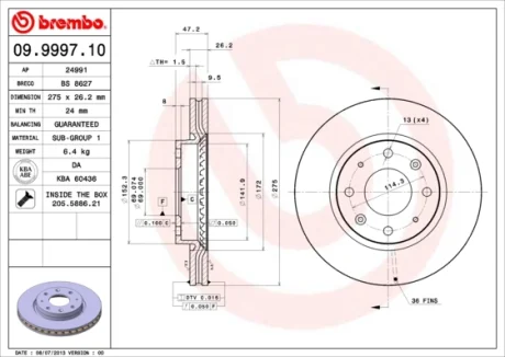 Диск гальмівний KIA CERATO 06 - передн. (вир-во) BREMBO 09-9997-10