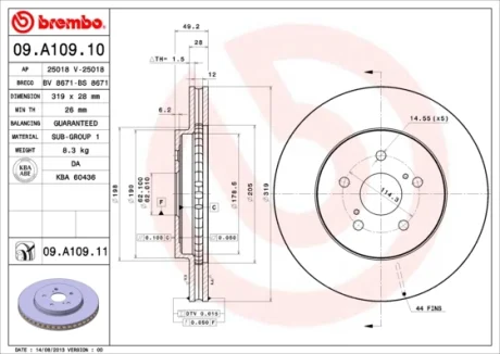 Диск гальмівний TOYOTA LEXUS RX300, 350, 400, 450 передн. (вир-во) BREMBO 09-A109-11