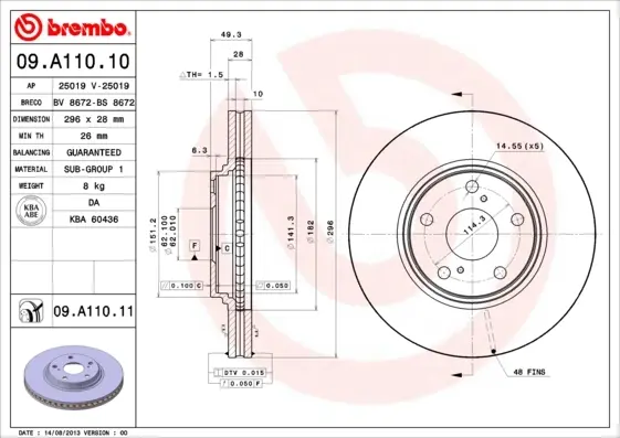 Диск гальмівний TOYOTA CAMRY передн., вент. (вир-во) BREMBO 09-A110-11 (фото 1)