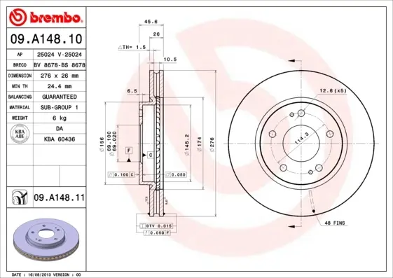 Диск гальмівний MITSUBISHI LANCER 2.0 03-, SPACE WAGON 98- передн. (вир-во) BREMBO 09-A148-11 (фото 1)