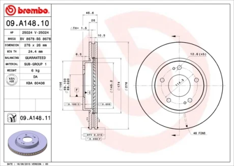 Диск гальмівний MITSUBISHI LANCER 2.0 03-, SPACE WAGON 98- передн. (вир-во) BREMBO 09-A148-11