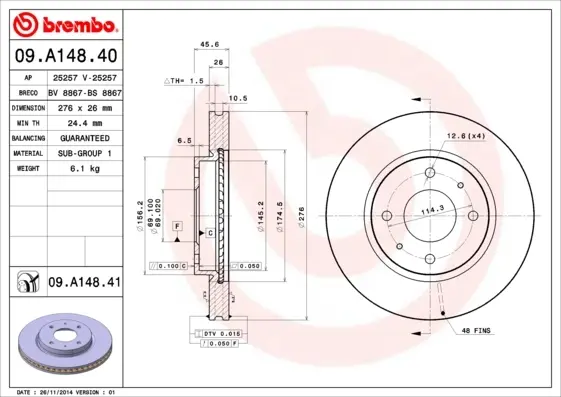 Диск гальмівний MITSUBISHI GALANT VI 2.0-2.5 96-04, LANCER 1.3-2.0 03 - передн. (вир-во) BREMBO 09-A148-41 (фото 1)