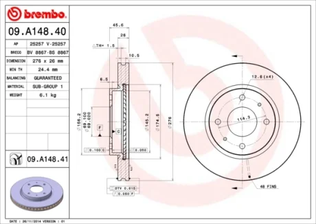 Диск гальмівний MITSUBISHI GALANT VI 2.0-2.5 96-04, LANCER 1.3-2.0 03 - передн. (вир-во) BREMBO 09-A148-41