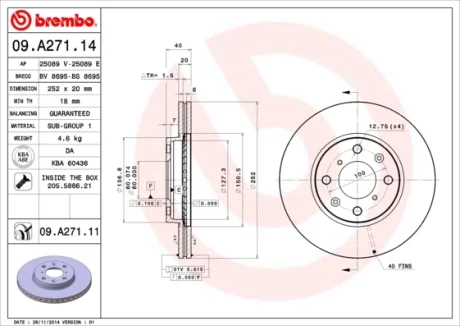 Диск гальмівний передн. (вир-во) BREMBO 09-A271-14