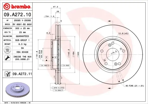 Диск гальмівний HONDA ACCORD, CR-V передн., вент. (вир-во) BREMBO 09-A272-11 (фото 1)