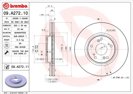 Диск гальмівний HONDA ACCORD, CR-V передн., вент. (вир-во) BREMBO 09-A272-11