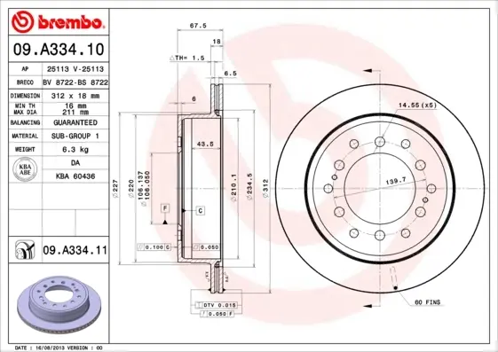 Диск гальмівний TOYOTA LAND CRUISER задн., вент. (вир-во) BREMBO 09-A334-11 (фото 1)