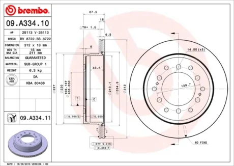 Диск гальмівний TOYOTA LAND CRUISER задн., вент. (вир-во) BREMBO 09-A334-11
