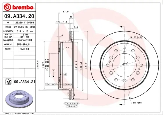 Диск гальмівний задн. (вир-во) BREMBO 09-A334-21 (фото 1)