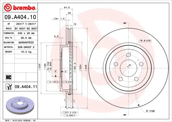 Диск гальмівний передн. (вир-во) BREMBO 09-A404-11 (фото 1)