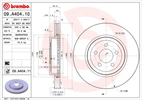 Диск гальмівний передн. (вир-во) BREMBO 09-A404-11