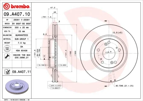 Диск гальмівний передн. (вир-во) BREMBO 09-A407-10