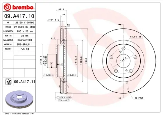 Диск гальмівний TOYOTA AURIS передн. (вир-во) BREMBO 09-A417-11 (фото 1)