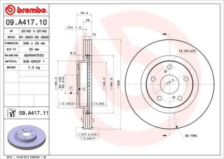 Диск гальмівний TOYOTA AURIS передн. (вир-во) BREMBO 09-A417-11