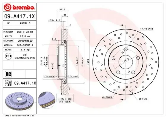 Диск гальмівний TOYOTA CAMRY передн., перфорований (вир-во) BREMBO 09-A417-1X (фото 1)