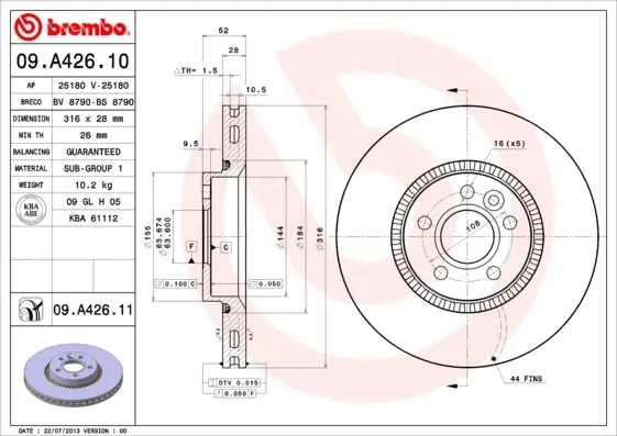 Диск гальмівний передн. (вир-во) BREMBO 09-A426-11 (фото 1)