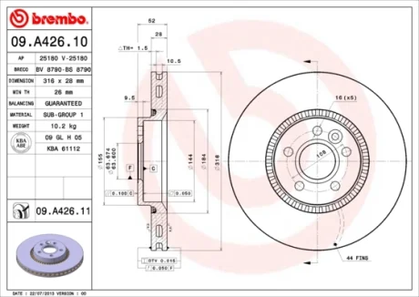 Диск гальмівний передн. (вир-во) BREMBO 09-A426-11