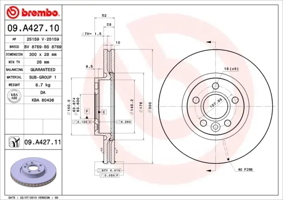 Диск гальмівний FORD GALAXY, MONDEO передн., вент. (вир-во) BREMBO 09-A427-11 (фото 1)